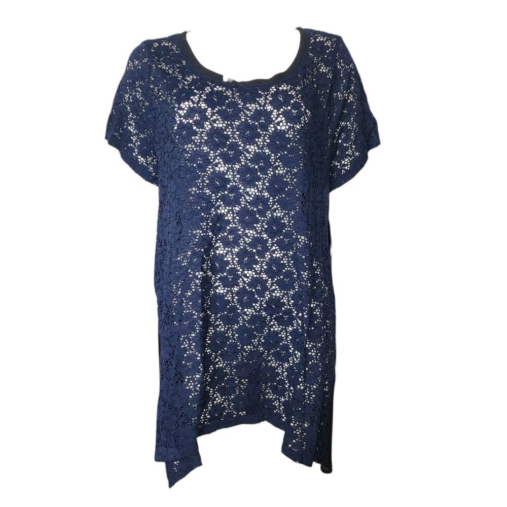 Lane Bryant Top Womens Plus Size 18/20 Blue Black Lace‎ Pullover Short Sleeve